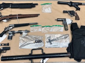 Wetaskiwin Crime Reduction Unit and Wetaskiwin General Investigation Section seized four firearms, including a home-made handgun, as well as large quantity of drugs, a variety of ammunition, a battering ram, body armour, hatchets, knives, machetes and two stolen passports last month.
--RCMP