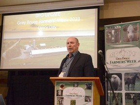 Mark Hamel, a Bruce County dairy farmer and board member for the Dairy Farmers of Ontario Region 11, which is made up of Grey and Bruce counties, provides a DFO update during Dairy Day at Grey Bruce Farmers' Week at the Elmwood Community Centre on Thursday, January 5, 2023.