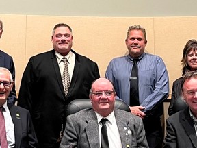 Huron-Kinloss council members at the inaugural meeting. From left, front row: Coun. Ed McGugan, mayor Don Murray, deputy mayor Jim Hanna. Back row: councillors Larry Allison, Scott Gibson, Carl Sloetjes, Shari Flett. Photo courtesy of the Township of Huron-Kinloss.