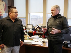 Aamjiwnaang Chief Chris Plain and Sarnia Mayor Mike Bradley recently met in Bradley's city hall office to discuss their relationship and the relationship between the two communities.  Tyler Kula/Postmedia