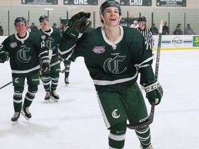 Logan Hauer was all smiles with a hat trick against Camrose. 
Photo courtesy Target Photography