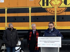 Canada Transport Minister Omar Alghabra, Sault MP Terry Sheehan and MPP Ross Romano agree the collaboration of government and industry will result in longivity for Huron Central Railway. The federal and provincial government, and HCR, will each contribute $10.5 million to upgrade the track between Sault Ste. Marie and Sudbury.   THE SAULT STAR/POSTMEDIA