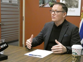 Kevin Falcon, leader of the B.C. Liberals, during a press availability in Prince George. He argues that the manufacturing jobs fund announced Tuesday does not address the more immediate concerns of the forestry industry.