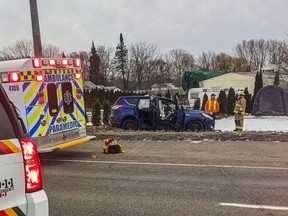 A vehicle lies in a ditch with its airbags deployed after it and  a pickup truck collided while driving on Old Highway 2 on Thursday around 8 a.m. Submitted.