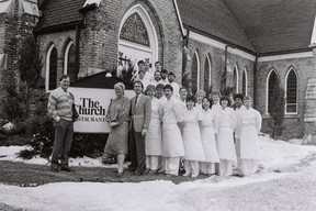 Stratford Chefs School co-founder Joe Mandel (left) is pictured here with business partners Eleanor Kane and Jim Morris, and the career college's first graduating class in 1985. Mandel, a Stratford restauranteur influential in developing the city's culinary scene, died this month.  He was 86. (Photo courtesy Terry Manzo/Stratford Chefs School)