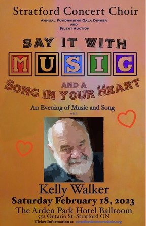 Poster untuk gala penggalangan dana tahunan Stratford Concert Choir dan lelang sunyi, Say it With Music and a Song in Your Heart, menampilkan pianis Stratford Kelly Walker.  Gambar yang dikirim