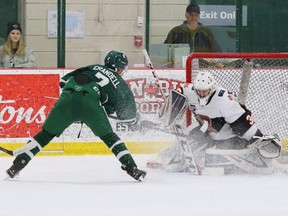 Carmelo Crandell scores in the Crusaders’ 6-3 win over Lloydminster on Saturday at the Arena. Photo courtesy Target Photography