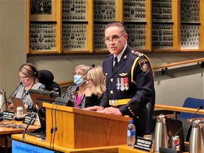 Chatham-Kent police Chief Gary Conn speaks to council during Thursday's budget deliberations. (Trevor Terfloth/The Daily News)