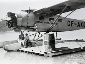 77.784.004 – Sitting on the port pontoon of the Canadian Pacific Airlines Fairchild 82 CF-AXQ, moored at a Peace River landing in 1945, are Agatha (Miggie) A. Bieraugel, a nurse, and son Denis. Grant McConachie was CPA’s general manager, later president in 1947. The Fairchild 82, built in 1939 for Mackenzie Air Services, “migrated to CPA in 1942 with that company’s takeover of a host of smaller northern operators”. Waite Fisheries of Ile-a-La-Crosse, Saskatchewan, acquired CF-AXQ December 3, 1946.