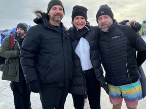 (From left) Corporate Safety Advisor Dave Ainsworth, Strathcona County RCMP Supt. Dale Kendall and Tom Sutton, the county's RCMP Support and Enforcement Services Chief, attended the polar plunge in support of Special Olympics Alberta Saturday.  photo supplied