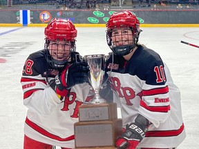 Sudbury native Maddy Papineau, left, and RPI Engineers teammate Ellie Kaiser celebrate with the Mayor's Cup trophy after defeating the Union Dutchwomen 3-1 in the final in Albany, N.Y. on on Saturday, January 28, 2023. Papineau, a product of the Sudbury Lady Wolves rep program, scored the winning goal on a pass from Kaiser eight minutes into the third period. Maddy Peterson had the other two goals for RPI, while Amanda Rampado made 22 saves.