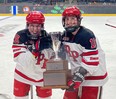 Sudbury native Maddy Papineau, left, and RPI Engineers teammate Ellie Kaiser celebrate with the Mayor's Cup trophy after defeating the Union Dutchwomen 3-1 in the final in Albany, N.Y. on on Saturday, January 28, 2023. Papineau, a product of the Sudbury Lady Wolves rep program, scored the winning goal on a pass from Kaiser eight minutes into the third period. Maddy Peterson had the other two goals for RPI, while Amanda Rampado made 22 saves.