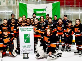 Front row, from left, goalies Kohlson Janes and Ben White. Middle row, from left, Alex Tourloukis, Taron Hervieux, Sam Humphrey, Damion Szydlowski, Tucker McKenzie, Carter Zettler (A), Lane Bauman, Max Roppel, Matty McKeag (A), Cal McQuillin (C), Tyler Bauman (A), Brody Ford and Kian Kaminski. Back row, from left, coaches and trainers Tim Bauman, Travis McKeag, Mark Roppel, Jeremy McQuillin and head coach Shawn Burrows.