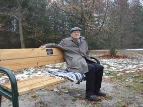 Elwood Moore sits on a bench in November 2021 that was dedicated in his honour marking his 100th birthday and his decades of service to conservation in the area. Moore was a founding member of the North Grey Conservation Authority, which became the GSCA, and sat on its board of directors for 44 years. 

(Rob Gowan/The Sun Times)