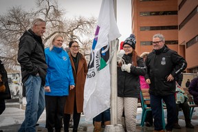 A flag raising ceremony marks the opening of Kiyām Community Park in downtown Fort McMurray on Jan. 24, 2023. Supplied Image/RMWB