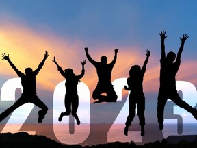 Silhouette happy business teamwork jumping congratulation and celebrate in Happy New year 2023 for change new life future concept