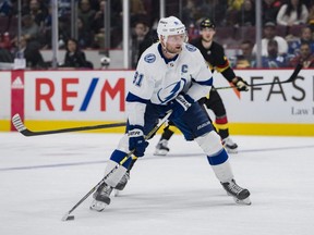 Tampa Bay Lightning forward Steven Stamkos (91) looks to shoot against the Vancouver Canucks in the second period at Rogers Arena in Vancouver on Wednesday, Jan. 18, 2023. (Bob Frid-USA TODAY Sports)
