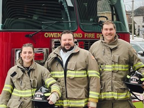 City Fire Chief Phil Eagleson, middle, with new recruits Bethany Pilkington and Kevin Aleinik on their first day of work, Jan. 3, 2023 in Owen Sound, Ont. (Supplied by Owen Sound to The Sun Times)