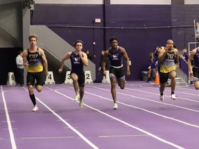 Tristan Routhier (left) and Tre Ford (second from right) in the men's 60-metre final in the Don Wright Challenge hosted by Western University in London. Ford won gold, Routhier bronze.