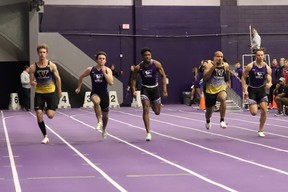 Tristan Routhier (left) and Tre Ford (second from right) in the men's 60-metre final in the Don Wright Challenge hosted by Western University in London. Ford won gold, Routhier bronze.