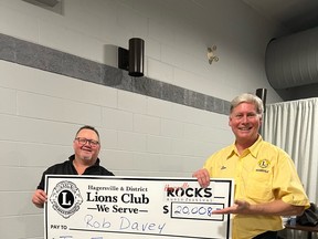 Hagersville Lions Club president Dan Matten (right) presents a check to Rob Davey, the latest winner in the Lions Club's Catch the Ace draw.
