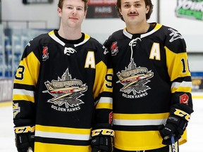 Matthew Cato (left) and Austin D'Orazio  of the Trenton Golden Hawks during the All-Star Skills Competition at the Eddie Bush Memorial Arena in Collingwood last Friday. Amy Deroche / OJHL Images