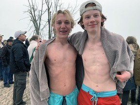 Lucas Husted, 15, and Parker Green, 15, of Port Dover, started 2023 with a plunged into Lake Erie on Sunday.