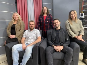 KickBack Mental Health Marathon co-hosts Ben Strasser (front, left) and Dre Pao are joined by guests Jodie Lockey- Duesling (left), Lill Petrella and Stephanie Dinsmore in the Rogers TV studio in Brantford on Monday to talk about the impact of the COVID-19 pandemic on mental health. Lockey-Duesling and Dinsmore are from Mindful Path Counselling, while Petrella works for the local branch of the Canadian Mental Health Association. Vincent Ball