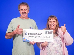 Robert and Lynor Gilks of Brantford won $1 million, one of 40 top prizes drawn Dec. 31, 2022 in OLG's Instant Ultimate lottery. SUBMITTED PHOTO