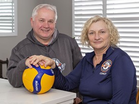 Rick and Sandy Beedham of Brantford are founders of the Brant Youth Volleyball Club which is celebrating its 25th anniversary this year. Brian Thompson/Brantford Expositor/Postmedia Network