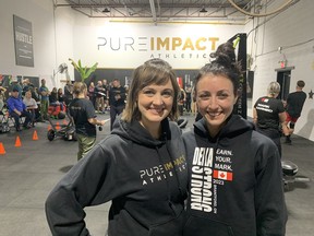 Natalie Zombeck (left) and Amber Tait, of Pure Impact Athletics, held an international Deka fitness competition on the weekend at their gym in the Brantford Artisans Village on Sherwood Drive. Vincent Ball