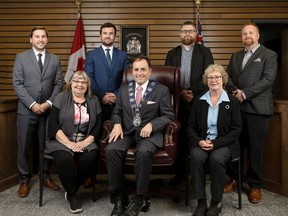 Coun. Patrick Kirkby, standing, from left, joins Coun. Colin Brown, Coun. Dave Osmond, and Coun. Matt Harper on Gananoque council, along with, seated from left, Coun. Vicki Leakey, Mayor John Beddows and Coun. Anne-Marie Koiner. (SUBMITTED PHOTO)