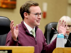 Coun. Cameron Wales speaks at city council's budget meeting on Tuesday, Jan. 17. (RONALD ZAJAC/The Recorder and Times)