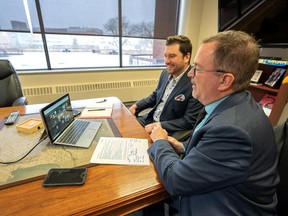 Mayor Darrin Canniff, front, and economic development officer Spencer Pray, taking part in an online discussion with Chatham-Kent Grade 7 and 8 students in the St. Clair Catholic District School Board.  PHOTO hand out