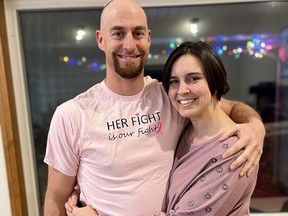 Melissa Harrigan is seen here with her husband Kris, who is wearing a 'Her fight is our fight' T-shirt that are being sold as a fundraiser to help the Chatham-Kent councilor raise awareness about breast cancer. PHOTO handout