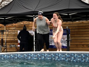 Participants in the Polar Plunge at Sons of Kent Brewery on Saturday were having a great time.  PHOTO Ellwood Shreve/Chatham Daily News