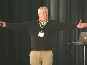 Jeff Andresen, a professor of meteorology and climatology in the Department of Geography, Environment and Spatial Sciences at Michigan State University, speaks at the 2023 Ontario Agricultural Conference at the Ridgetown Campus of the University of Guelph. (Screenshot/Postmedia Network)