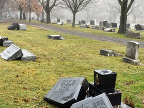 Damage could be upwards of $50,000 to fix and repair damage to more than 60 gravestones at Mitchell's St. Vincent de Paul cemetery on Nelson Street during the early evening of Jan. 3. A witness has told police that he had seen six or seven teenagers leave the scene between 6:30-7:30 p.m. Jan. 3, most of whom had bicycles. The investigation is continuing, and anyone with information is asked to contact the OPP or Crime Stoppers. ANDY BADER/MITCHELL ADVOCATE
