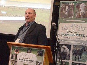 Mark Hamel, a Bruce County dairy farmer and board member for the Dairy Farmers of Ontario Region 11, which is made up of Grey and Bruce counties, provides a DFO update during Dairy Day at Grey Bruce Farmers' Week at the Elmwood Community Centre. Rob Gowan/Postmedia