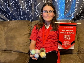 Provincial bowling champ Peyton Robertson, 10, with some of the bath bombs being made and sold to help defray costs of attending the nationals in Saskatchewan in the spring. Photo on Friday, January 13, 2023 in South Stormont, Ont. Todd Hambleton/Cornwall Standard-Freeholder/Postmedia Network