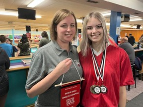 Chloe Russell, with her mom and coach Melissa Dore, herself a former participant at the youth bowling five-pin nationals. Photo on Sunday, January 22, 2023, in Cornwall, Ont. Todd Hambleton/Cornwall Standard-Freeholder/Postmedia Network