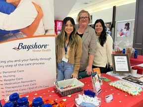 From left at the Bayshore Home Health table at Cornwall Square on Thursday are Sophea Taing (care manager), Kelly Huntington (nurse supervisor) and Patricia Kustec (caregiver). Photo on Thursday, January 26, 2023, in Cornwall, Ont. Todd Hambleton/Cornwall Standard-Freeholder/Postmedia Network