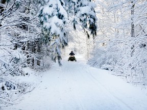 A snowmobiler travels along a trail.