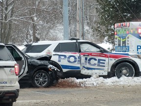A Kingston police cruiser was one of two vehicles involved in a collision at the intersection of Princess Street and Taylor Kidd Boulevard in Kingston, on Monday, Jan. 30, 2023.