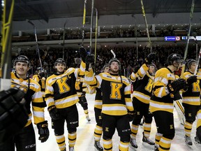 Kingston Frontenacs, from left, Jared Steege, Roland McKeown, Ryan Cranford, Jason Robertson and Stephen Desrocher salute the fans on April 1, 2016, at the Rogers K-Rock Centre after the Frontenacs defeated the Oshawa Generals 6-0 to win their first-round playoff series, 4-1.