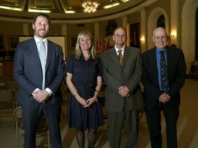 Newest members of the Kingston and District Sports Hall of Fame, from left, Jay McKee, Sarah Dupre-Healy, Doug Jeffries and Ted Batchelor gather at Kingston City Hall after being introduced at City Council on Tuesday, Jan. 17, 2023. Two other members were introduced posthumously: Kevin Dickey and Bill Taugher.