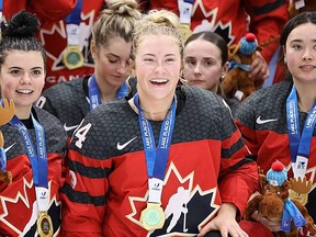 Scout Watkins Southward of Kingston and Queen's University after receiving her gold medal in women's hockey at the FISU World University Games in Lake Placid, N.Y., on Saturday, Jan. 21, 2023.