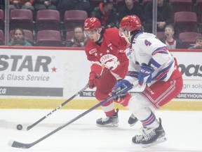 Soo Greyhounds forward Alex Kostov in first-period action against the Kitchener Rangers. Kostov had a goal and an assist as the Hounds snapped a five-game skid with a 5-4 win over the Rangers on Wednesday night at the GFL Memorial Gardens.
