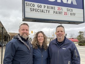 Pictured from left are new Grand Bend RONA owners D'Arcy Quinn and Nancy Powell Quinn, and store partner Kevin Davies. A 10,000 sq. ft. expansion for the outdoor lumber yard has been announced. Handout