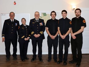 The ceremony was attended by Mayerthorpe Fire Department members (lr) Lieutenant Arnold Lotholz, Captain Angela Schroeder, Fire Chief Randy Schroeder, Lieutenant Blayne Van Kleek and firefighters Ben Lloyd and AJ Penner.